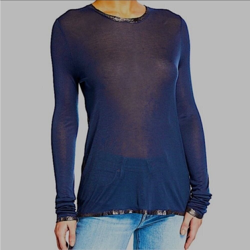 Zadig & Voltaire Willy Foil shirt top blouse tissue semi-sheer blue silver Large